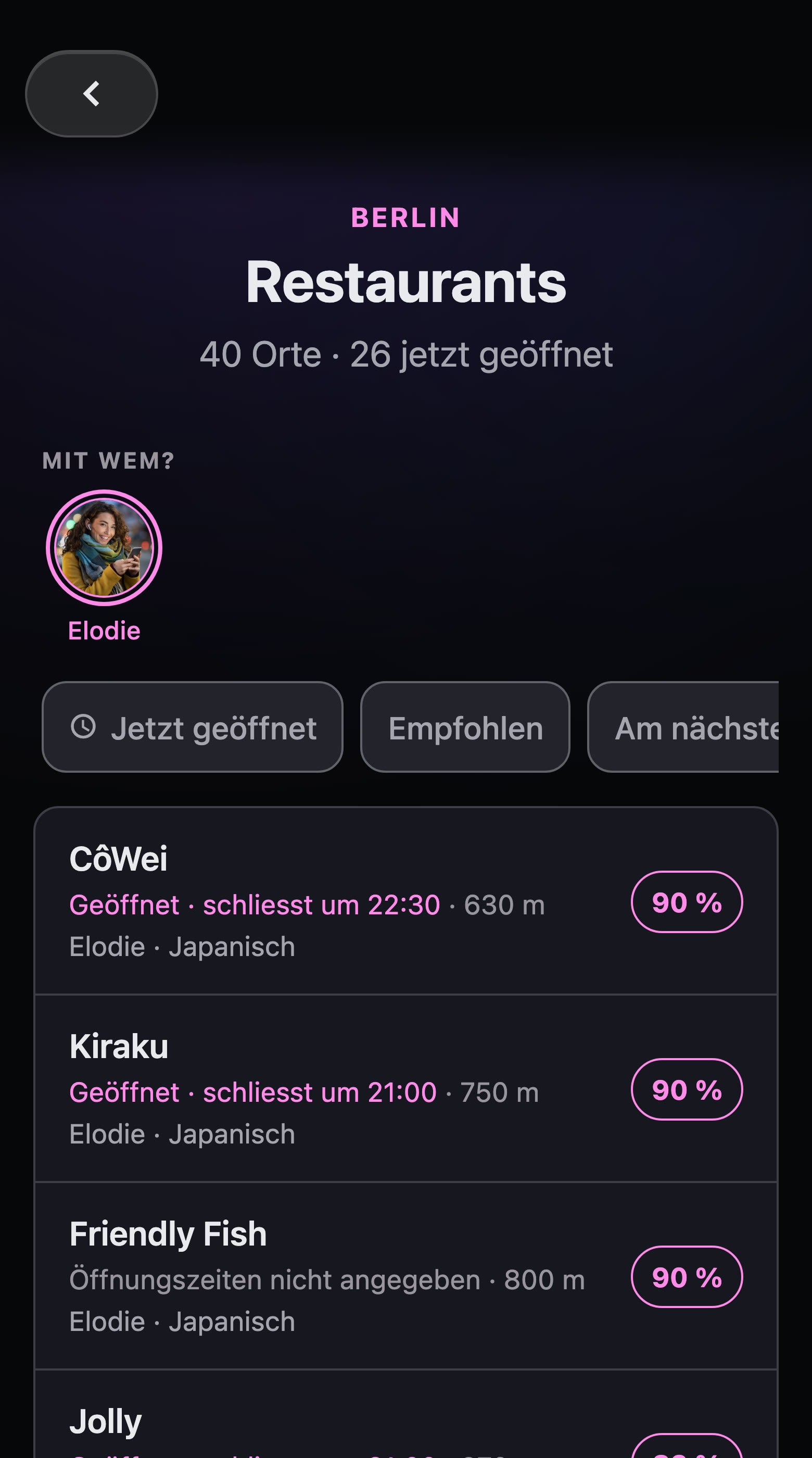 Restaurants in Berlin mit Elodie: CôWei, geöffnet, schliesst um 22:30, 90 % Match, weil sie die japanische Küche mag