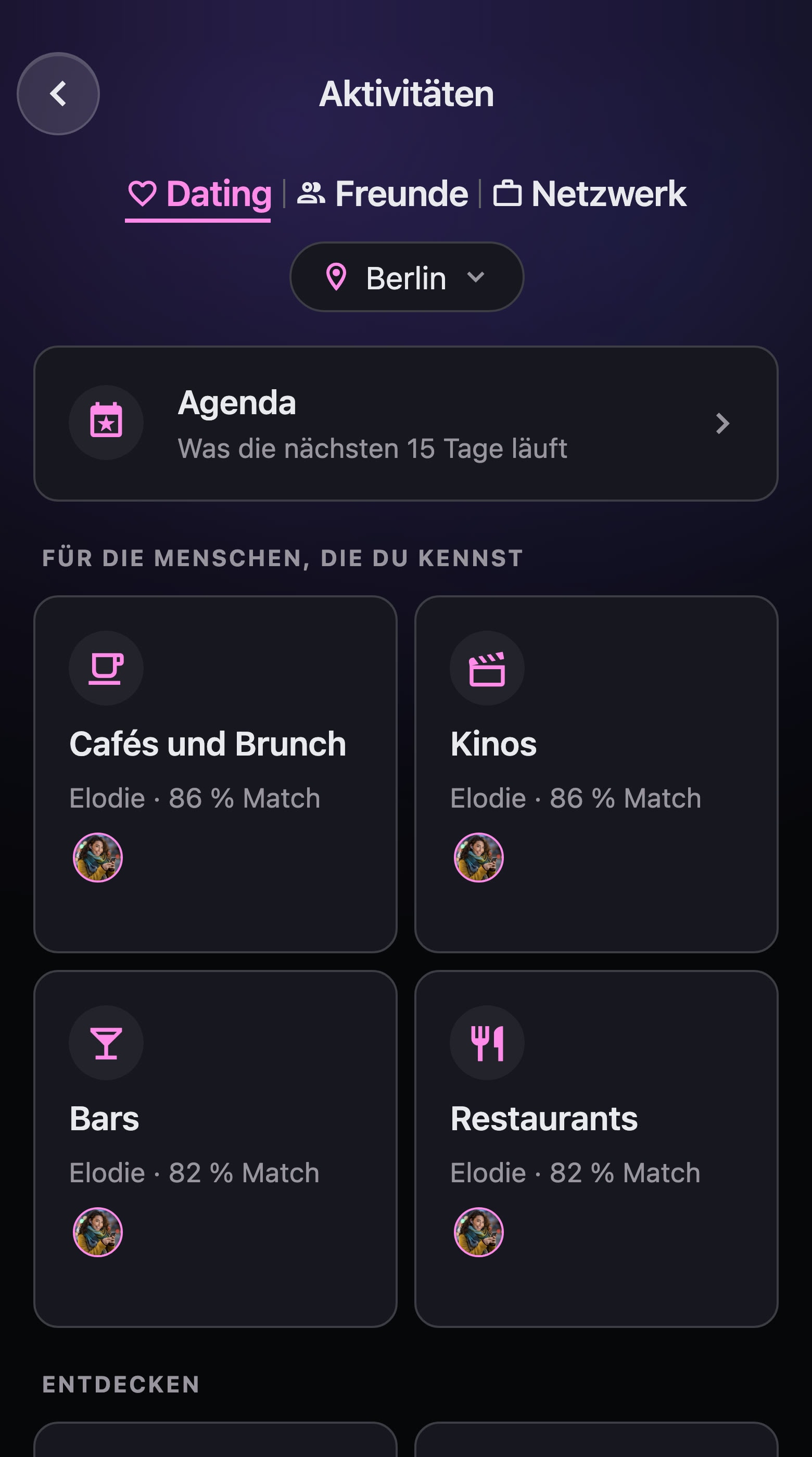 Die Seite Aktivitäten im Bereich Dating in Berlin: die Agenda, die Ausflüge, die Elodie gefallen würden, dann Bars und Restaurants