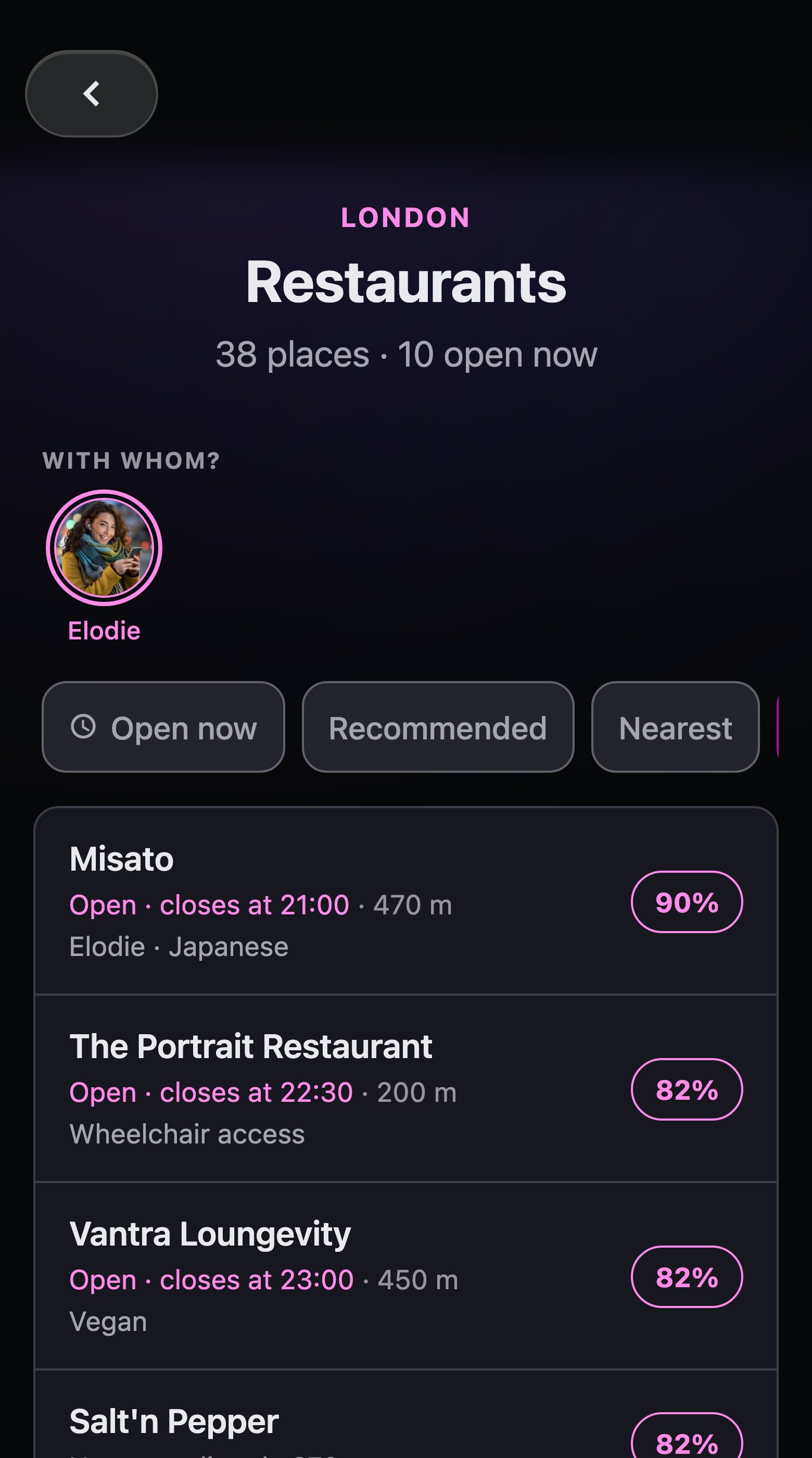 London restaurants with Elodie: Misato, open, closes at 9 pm, a 90% match because she loves Japanese food