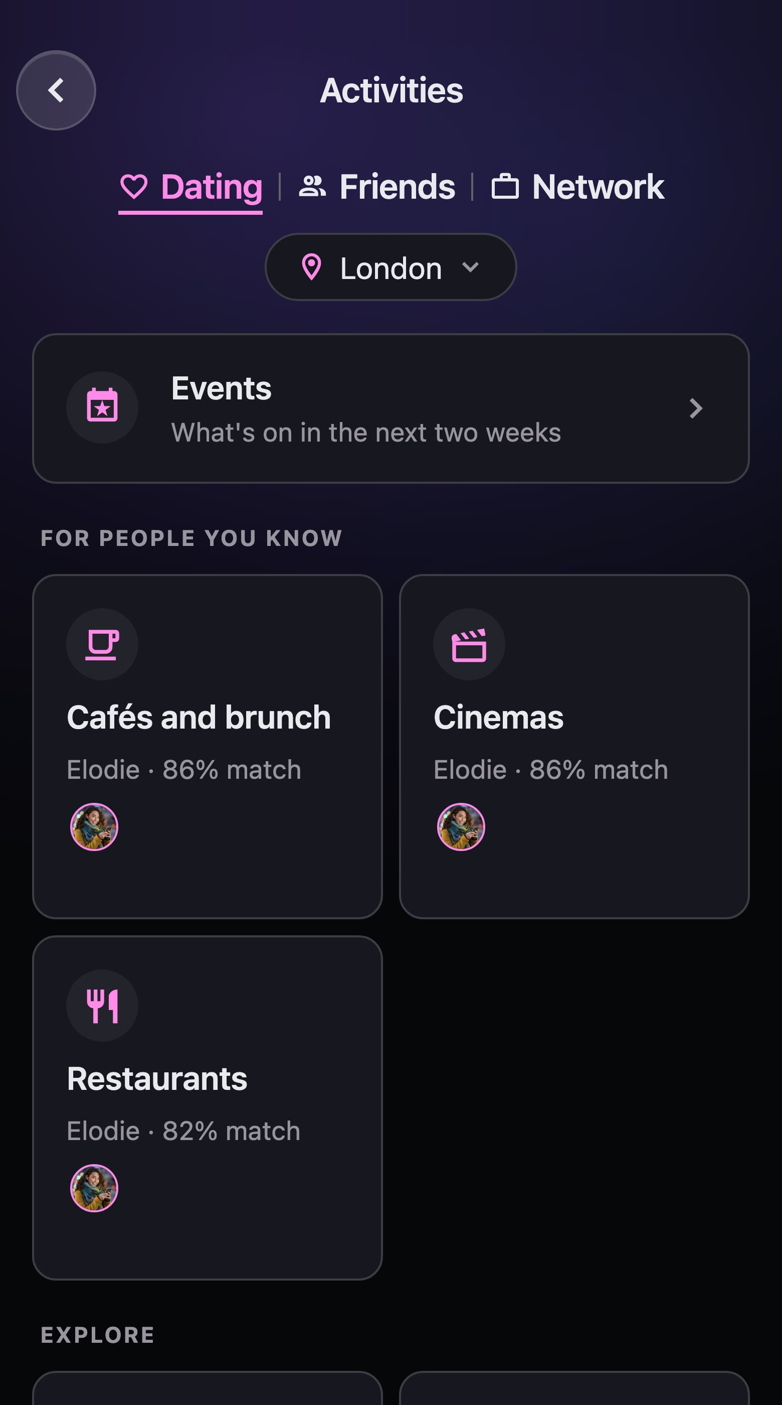 The Activities page of the Dating universe in London: events, the outings Elodie would love, then bars and restaurants