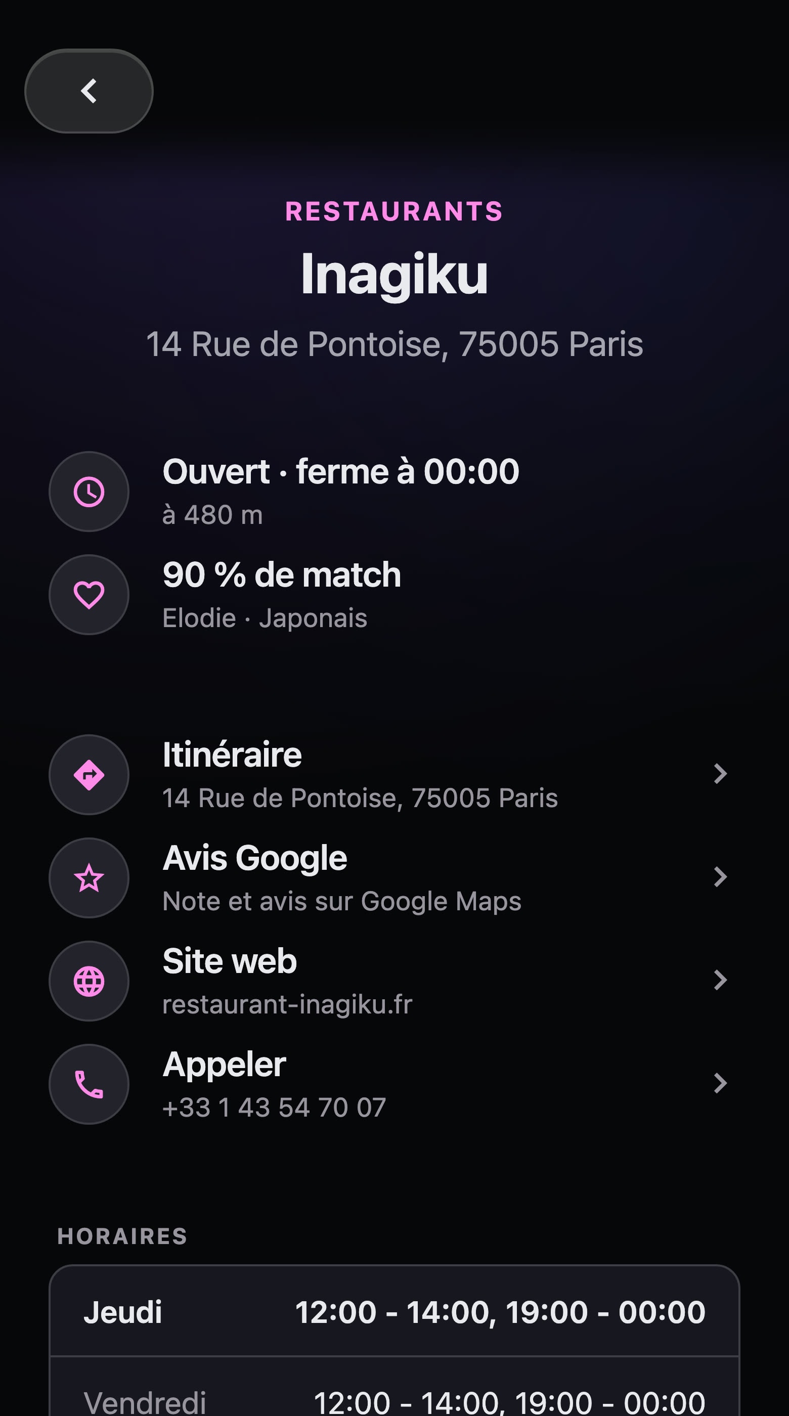Le restaurant Inagiku : 90 % de match avec Elodie, les horaires de la semaine, les avis Google et Prévoir un rendez-vous ici