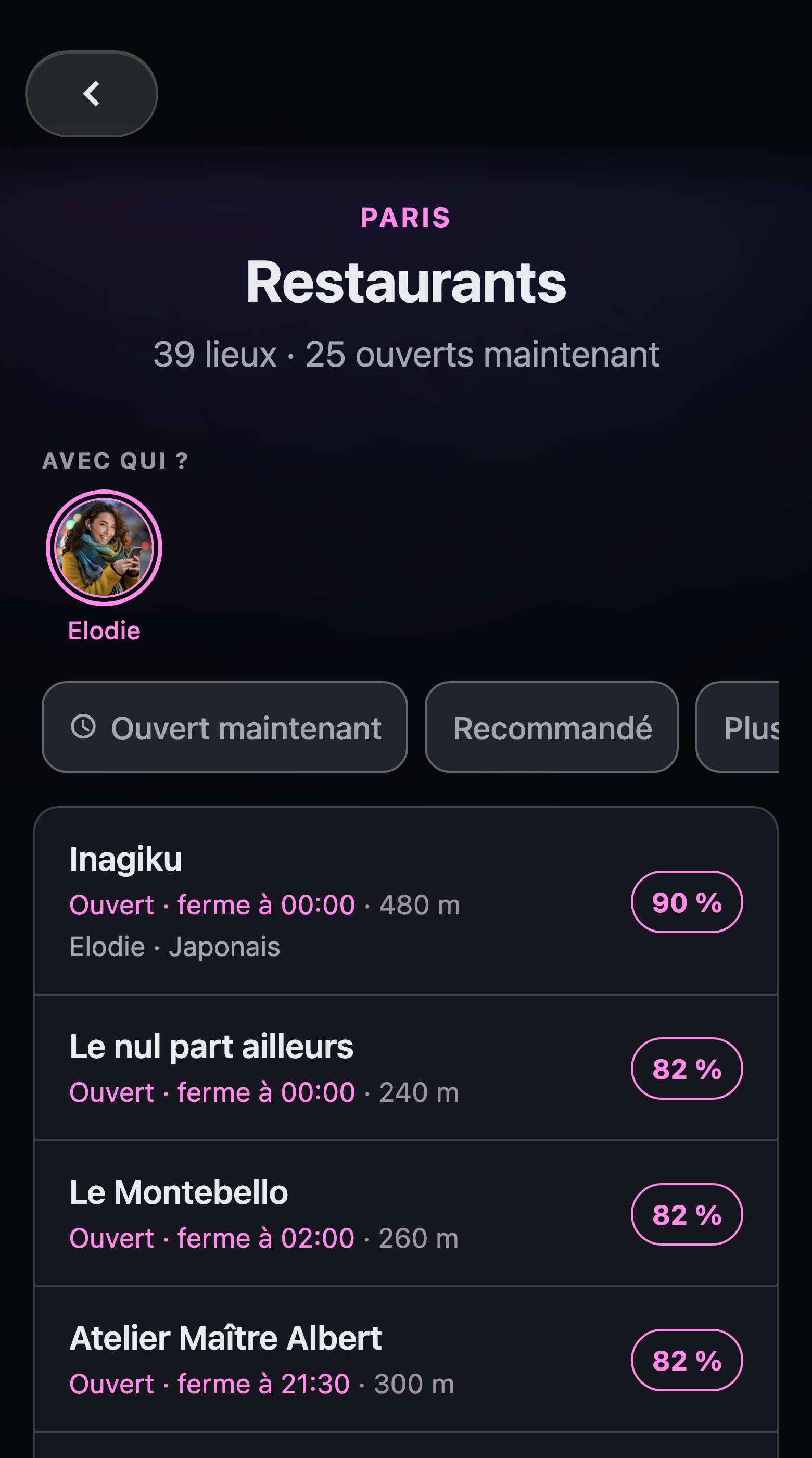 Les restaurants de Paris avec Elodie : Inagiku, ouvert, ferme à minuit, 90 % de match parce qu'elle aime la cuisine japonaise