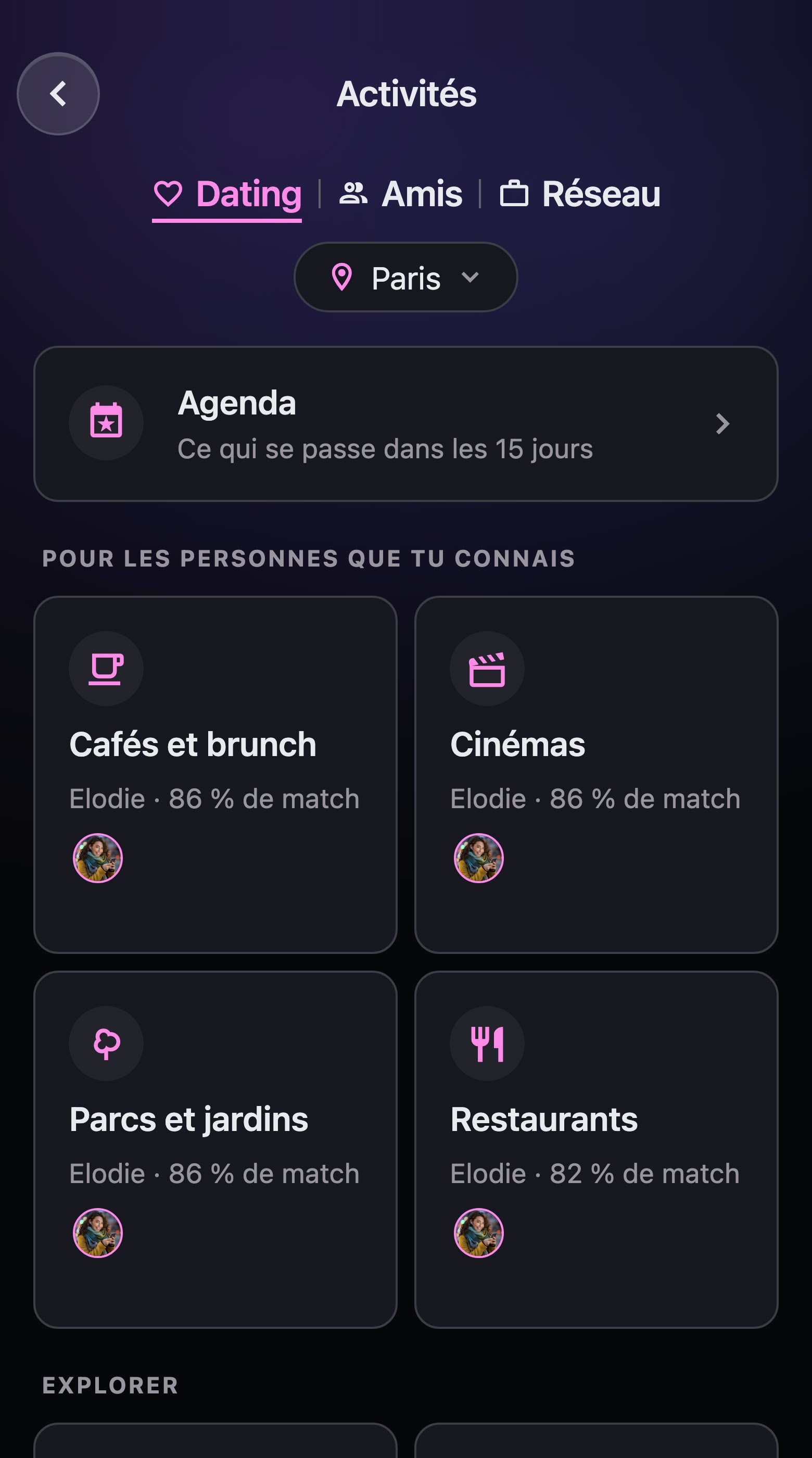 La page Activités de l'univers Dating à Paris : l'agenda, les sorties qui plairaient à Elodie, puis les bars et les restaurants