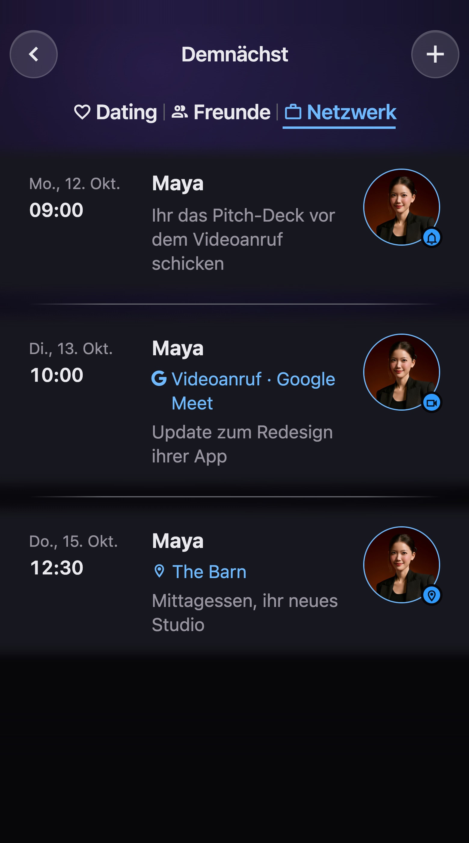 Die Ansicht Demnächst der App, Bereich Netzwerk: ein Mittagessen mit Maya, eine Erinnerung und ein Videocall über Google Meet