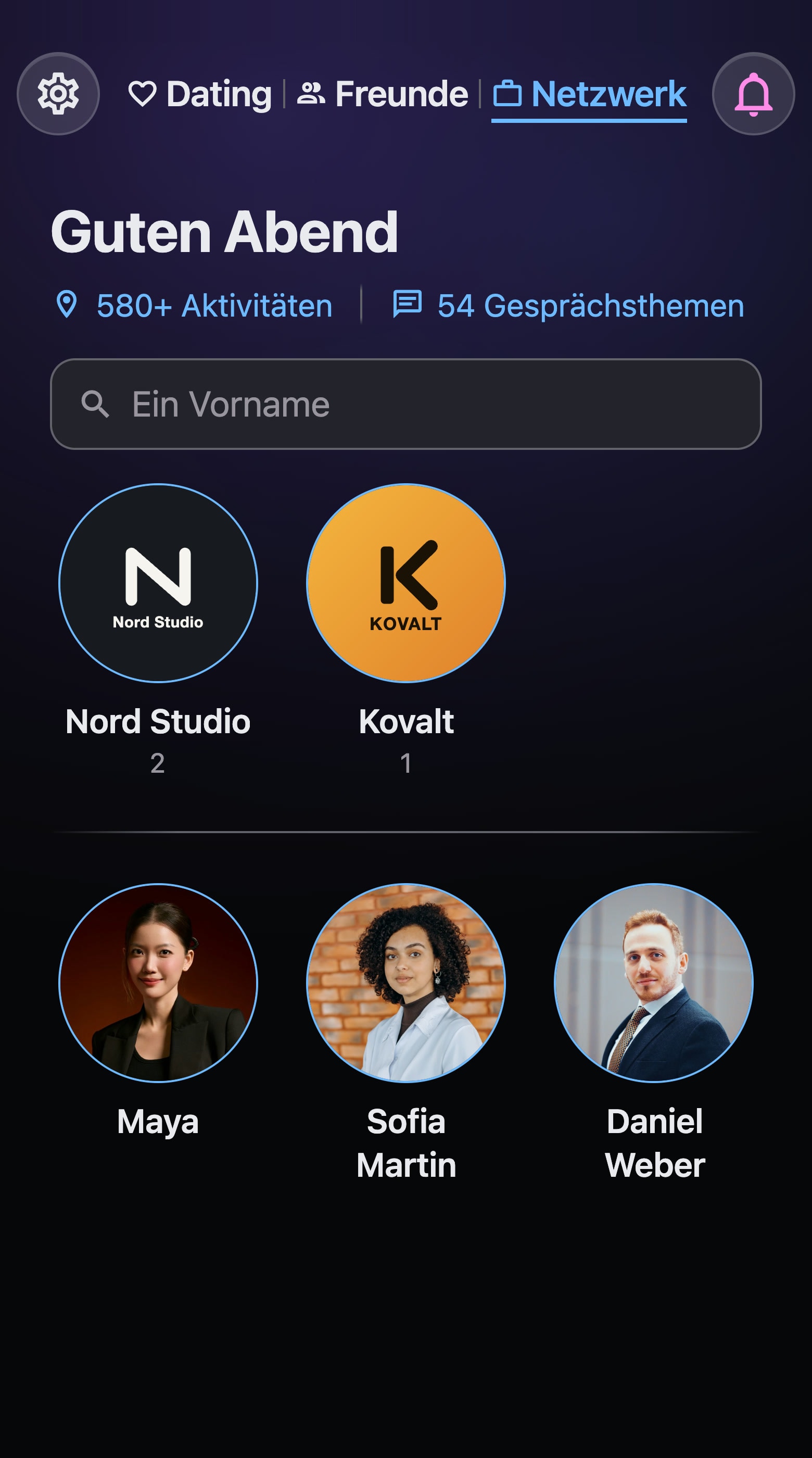 Die Startseite des Bereichs Netzwerk: zwei Ordner fiktiver Firmen, Nord Studio und Kovalt, mit ihrem Logo, über den Karten von Maya, Sofia und Daniel