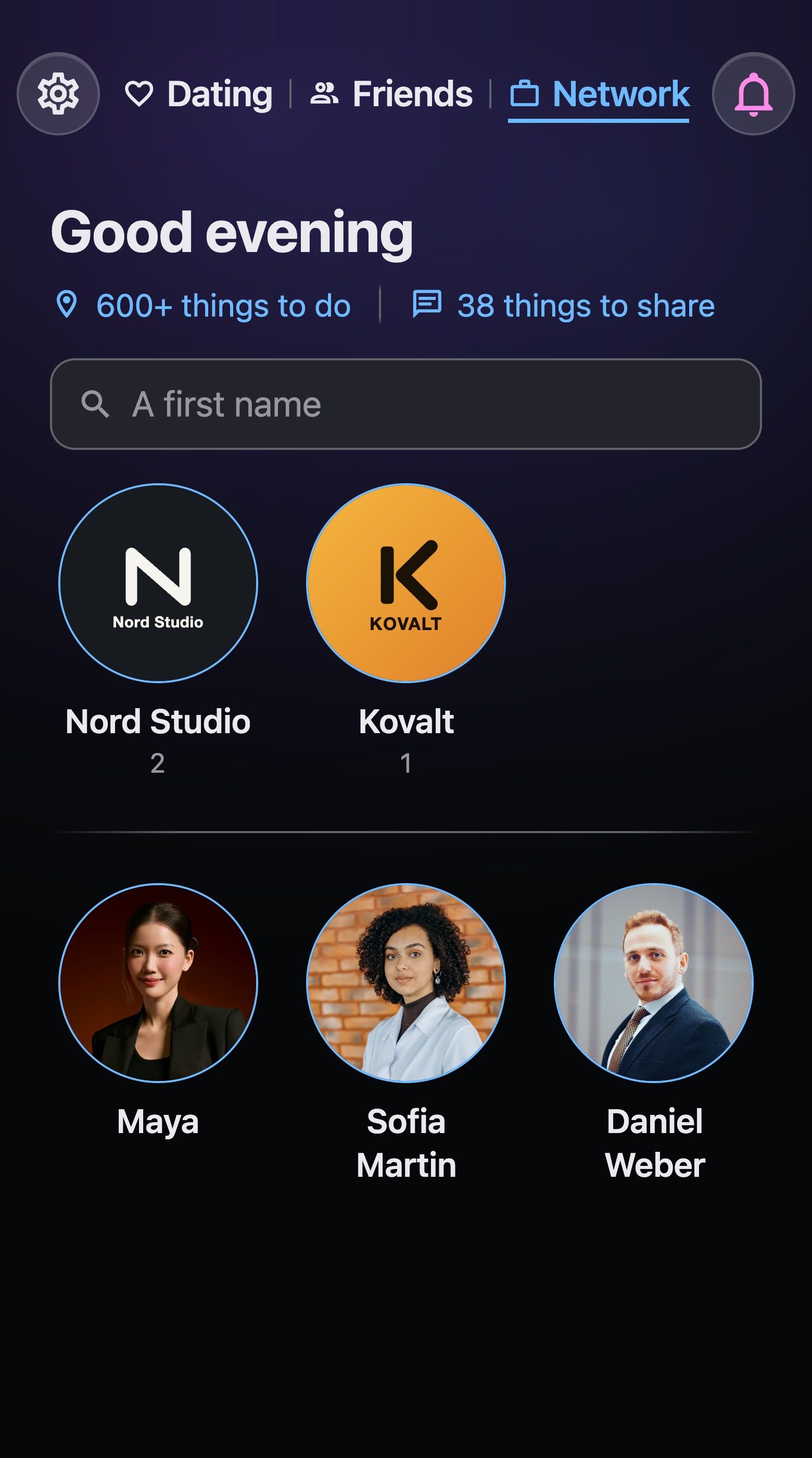 The Network home screen: two folders for fictional companies, Nord Studio and Kovalt, with their logos, above the cards for Maya, Sofia and Daniel