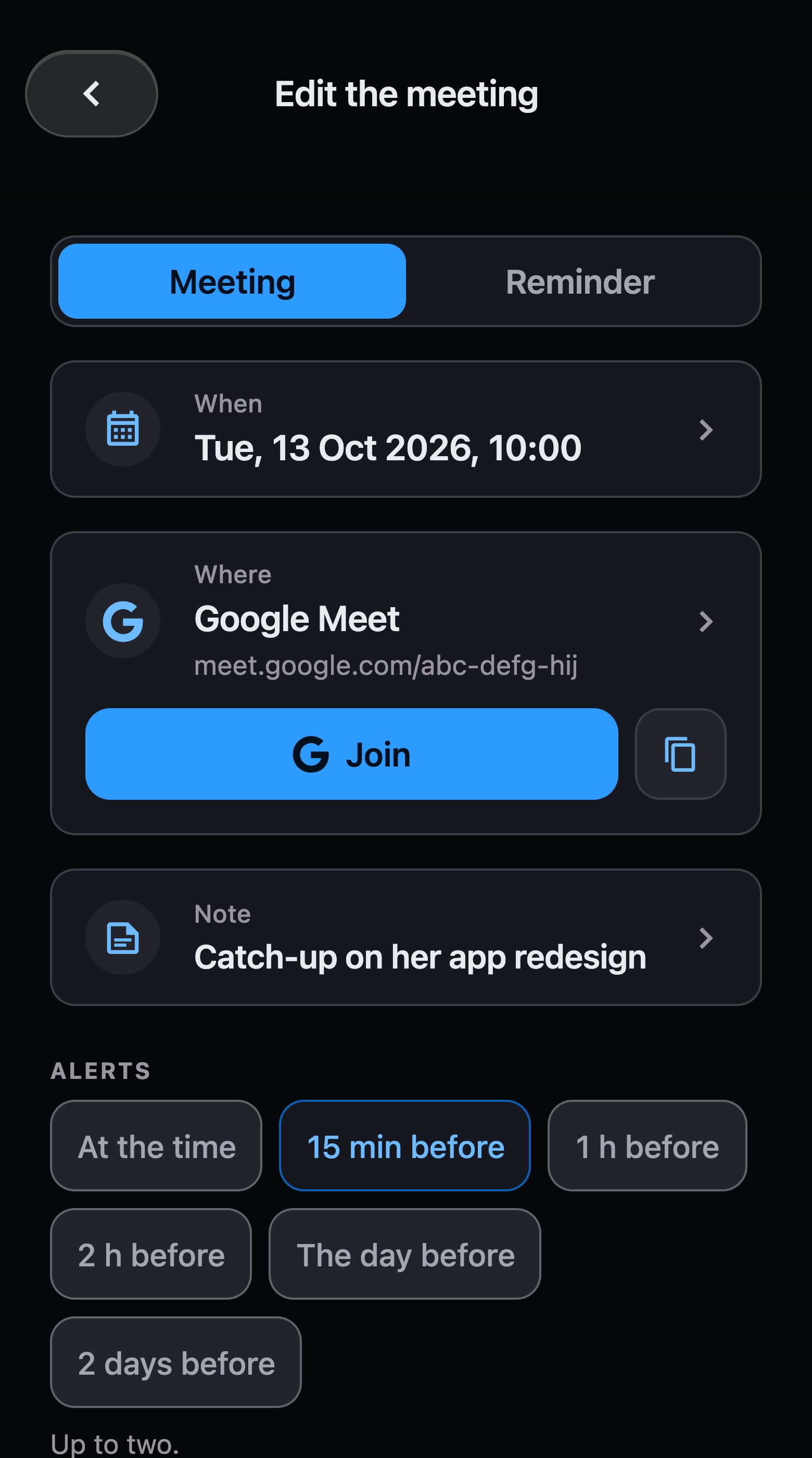 A Google Meet call with Maya in the app: the date, the link, the Join button, a note and an alert