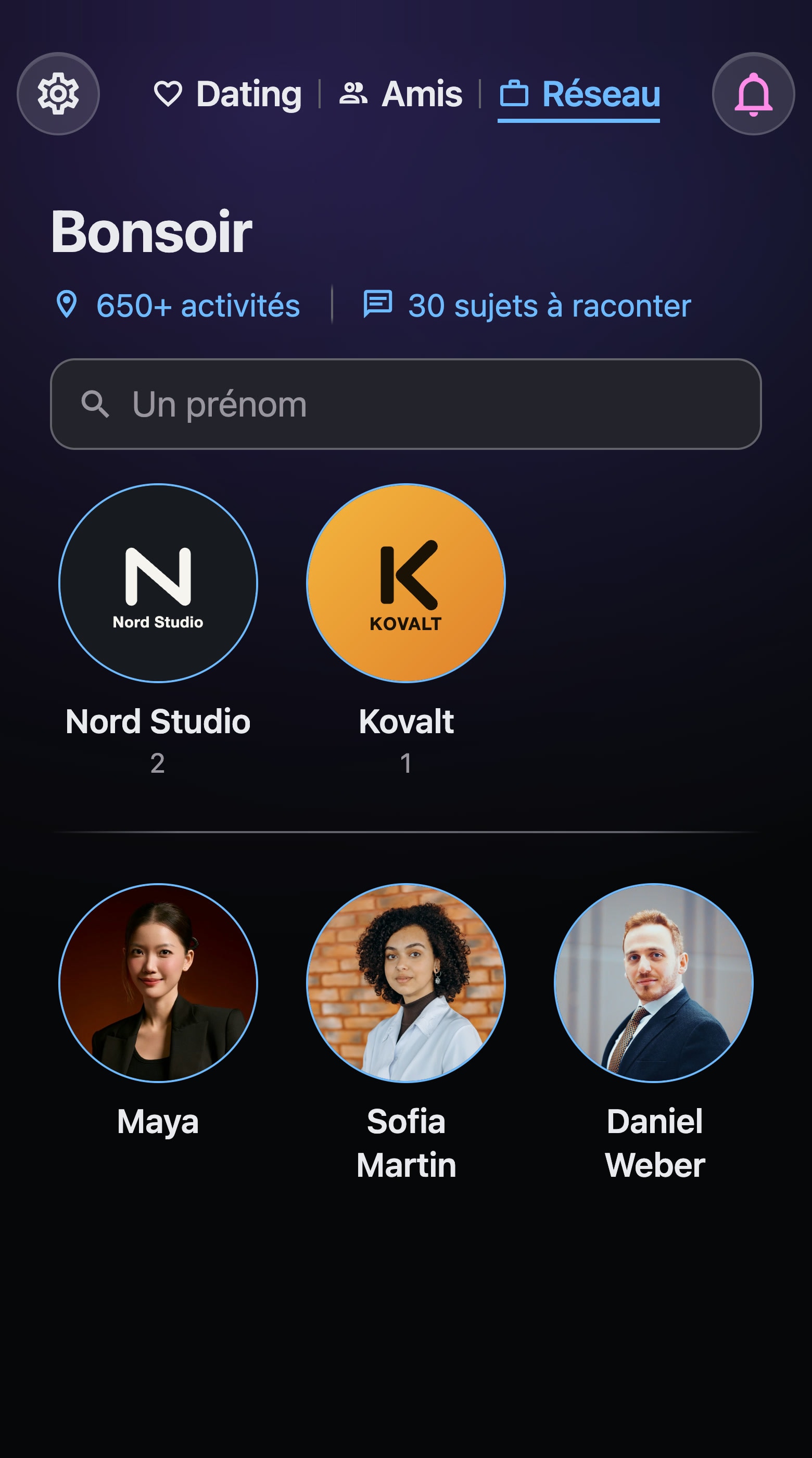 L'accueil du carnet Réseau : deux dossiers d'entreprises fictives, Nord Studio et Kovalt, avec leur logo, au-dessus des fiches de Maya, Sofia et Daniel