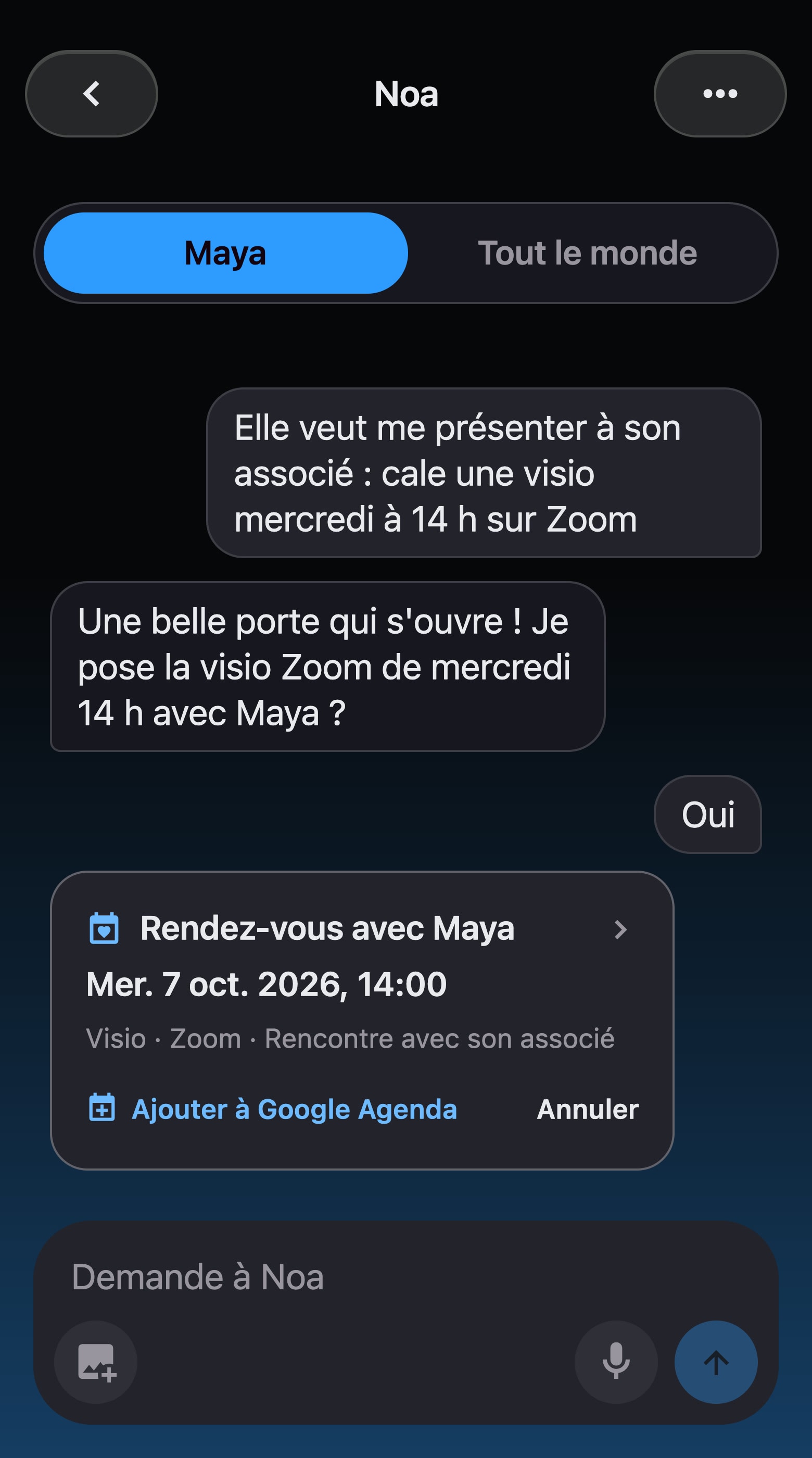 Une conversation avec Noa : il propose une visio Zoom avec Maya, on dit oui, le rendez-vous est créé