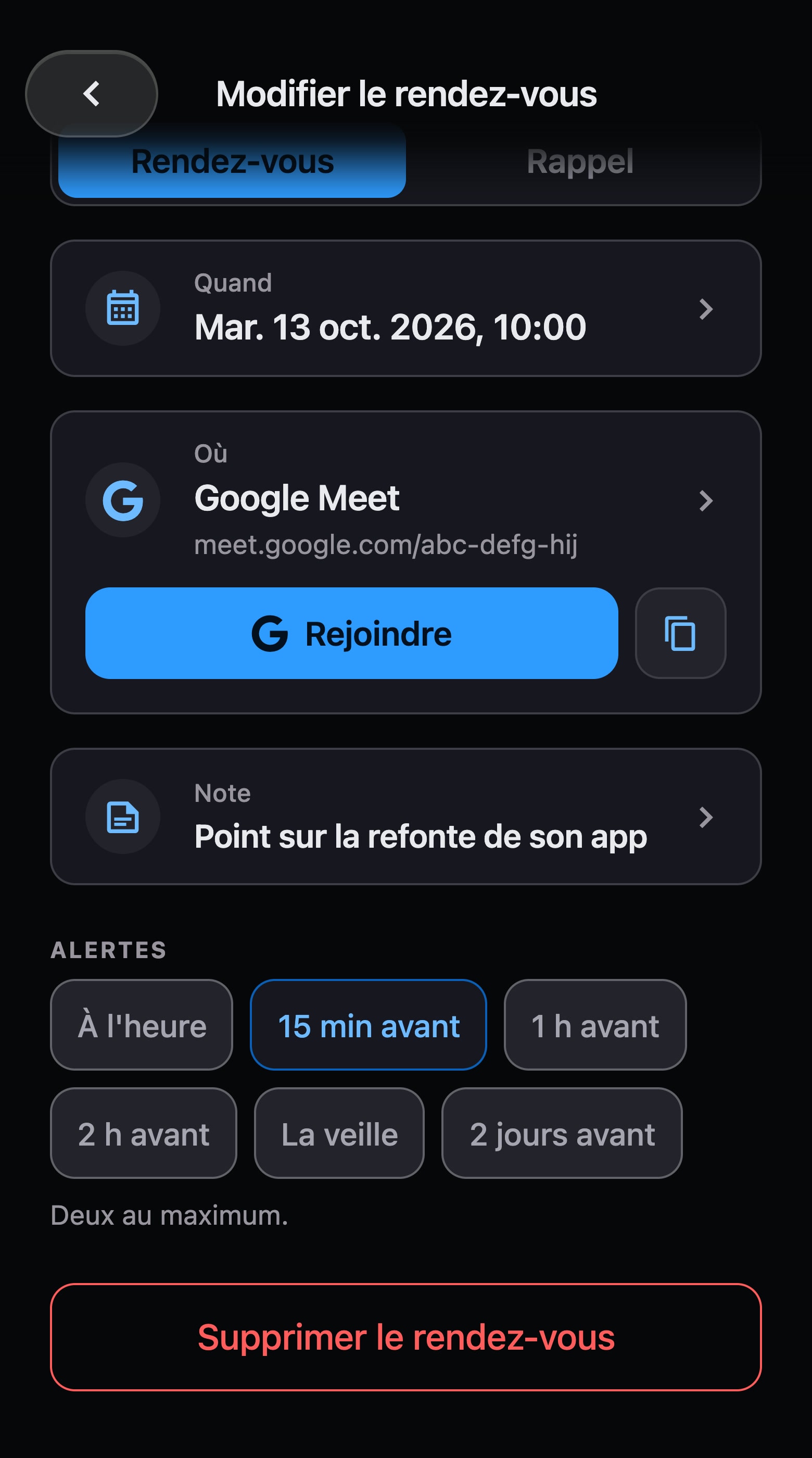 Une visio Google Meet avec Maya dans l'app : la date, le lien, le bouton Rejoindre, une note et une alerte