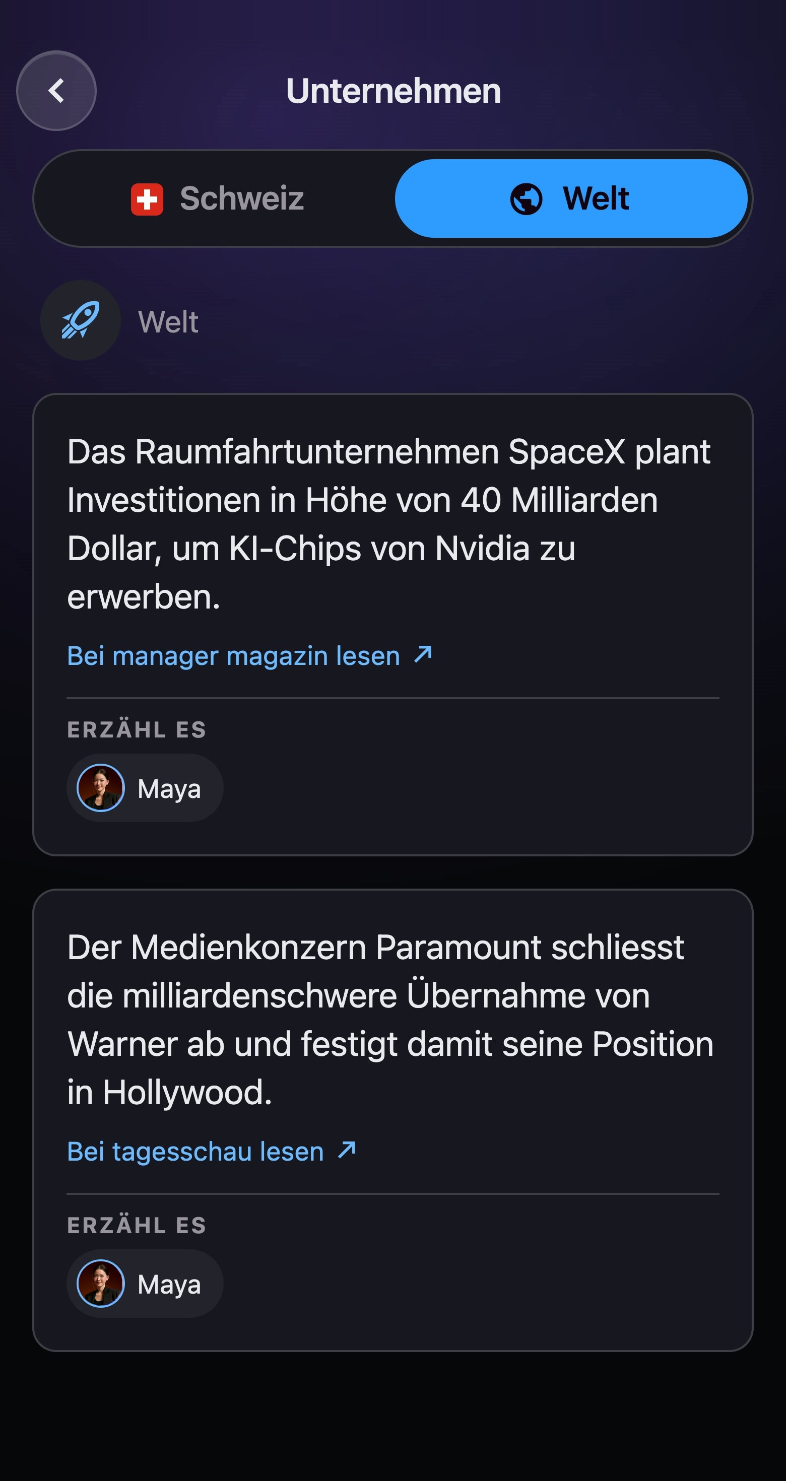 Die Rubrik Unternehmen in der App, Ausgabe Welt: Meldungen des Tages mit Link zur Quelle, und Maya, der du davon erzählen kannst
