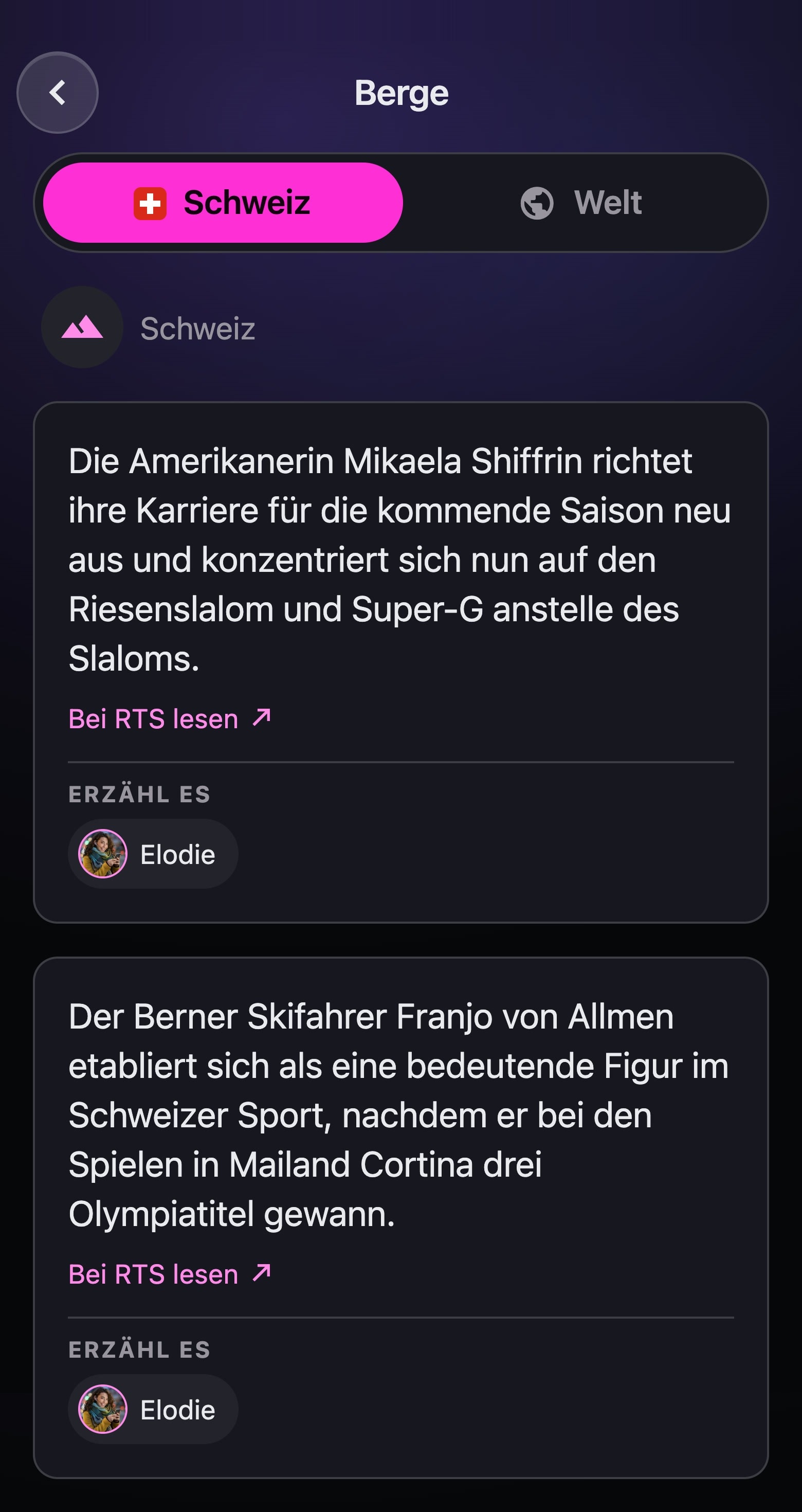 Die Rubrik Berge in der App, Ausgabe Schweiz: zwei Meldungen des Tages, jede mit Link zur Quelle, und Elodie, der du davon erzählen kannst