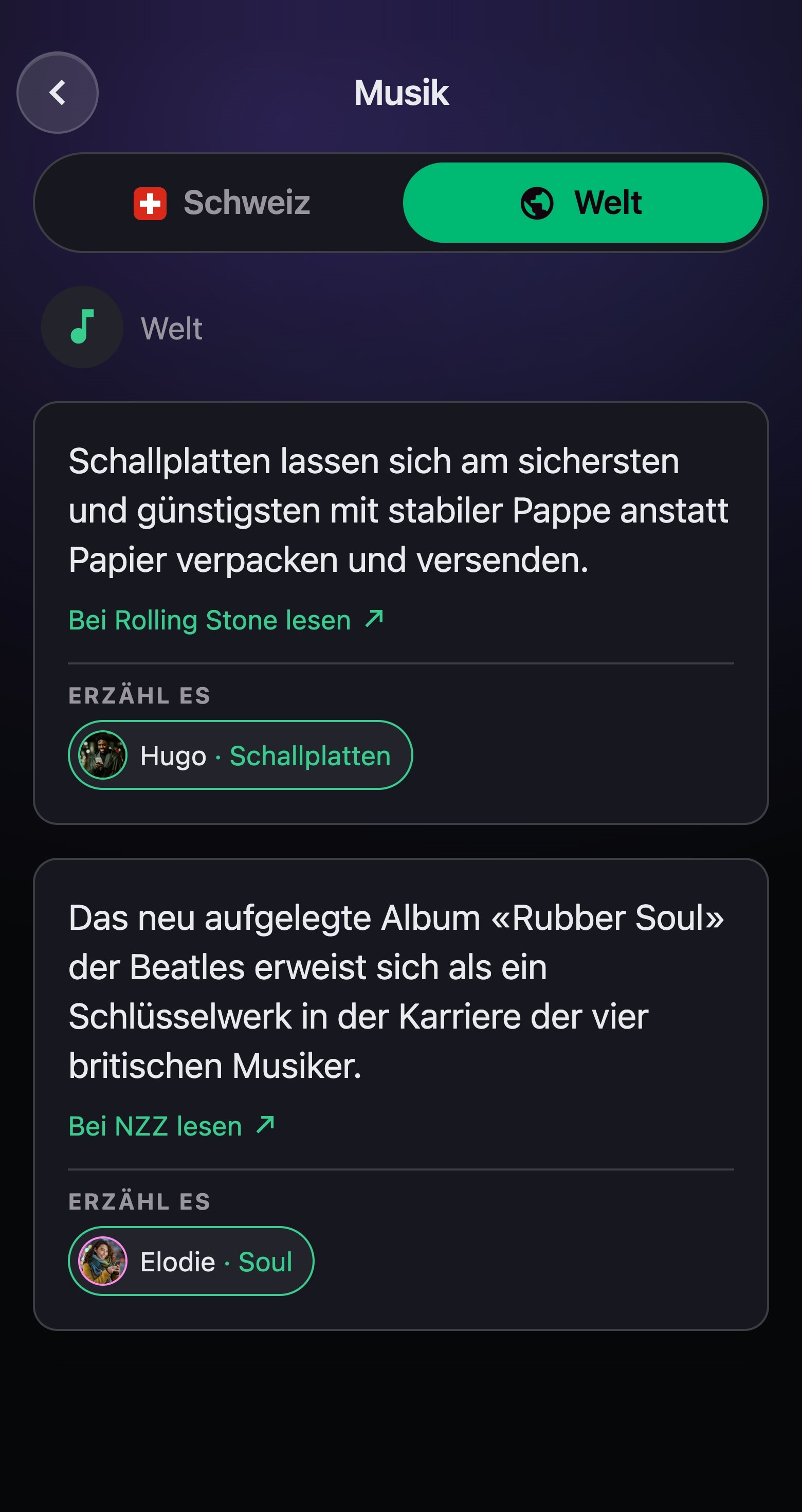 Die Rubrik Musik in der App, Ausgabe Welt: Meldungen des Tages mit Link zur Quelle, und Hugo, dem du davon erzählen kannst