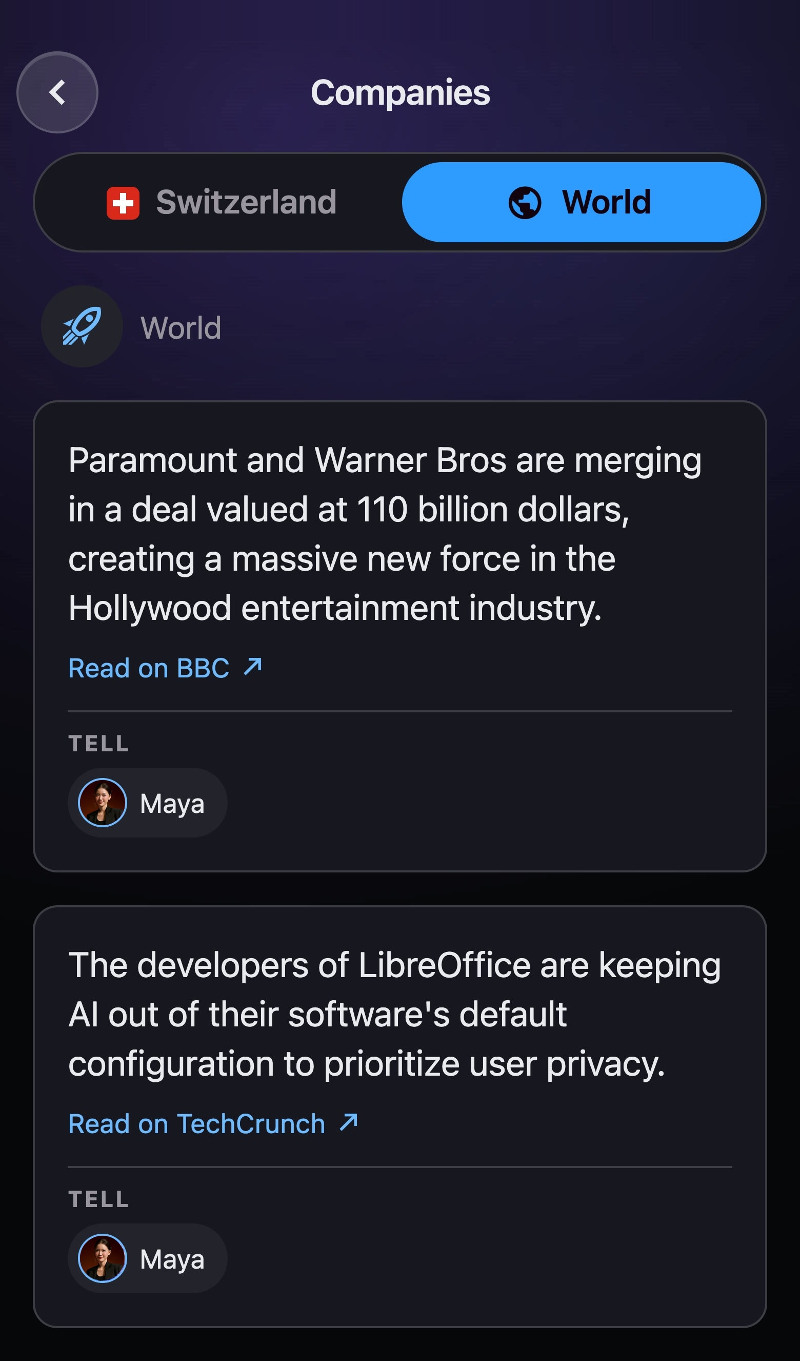 The Companies topic in the app, World edition: stories of the day with a link to their source, and Maya, who to tell