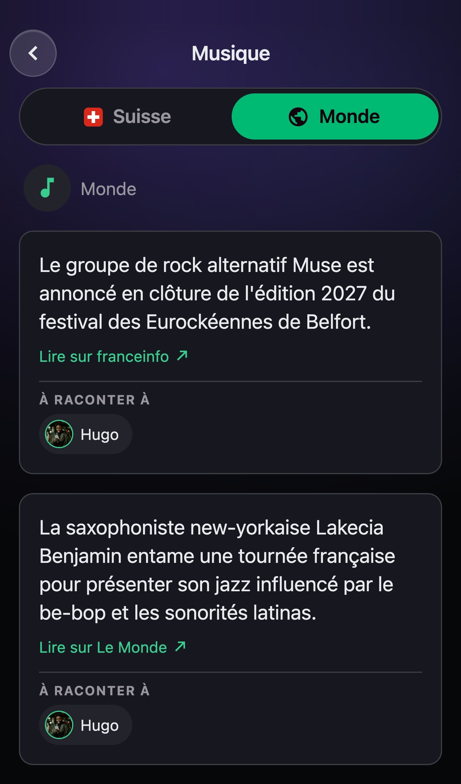 La rubrique Musique de l'app, édition Monde : des nouvelles du jour avec le lien vers leur média, et Hugo, à qui les raconter