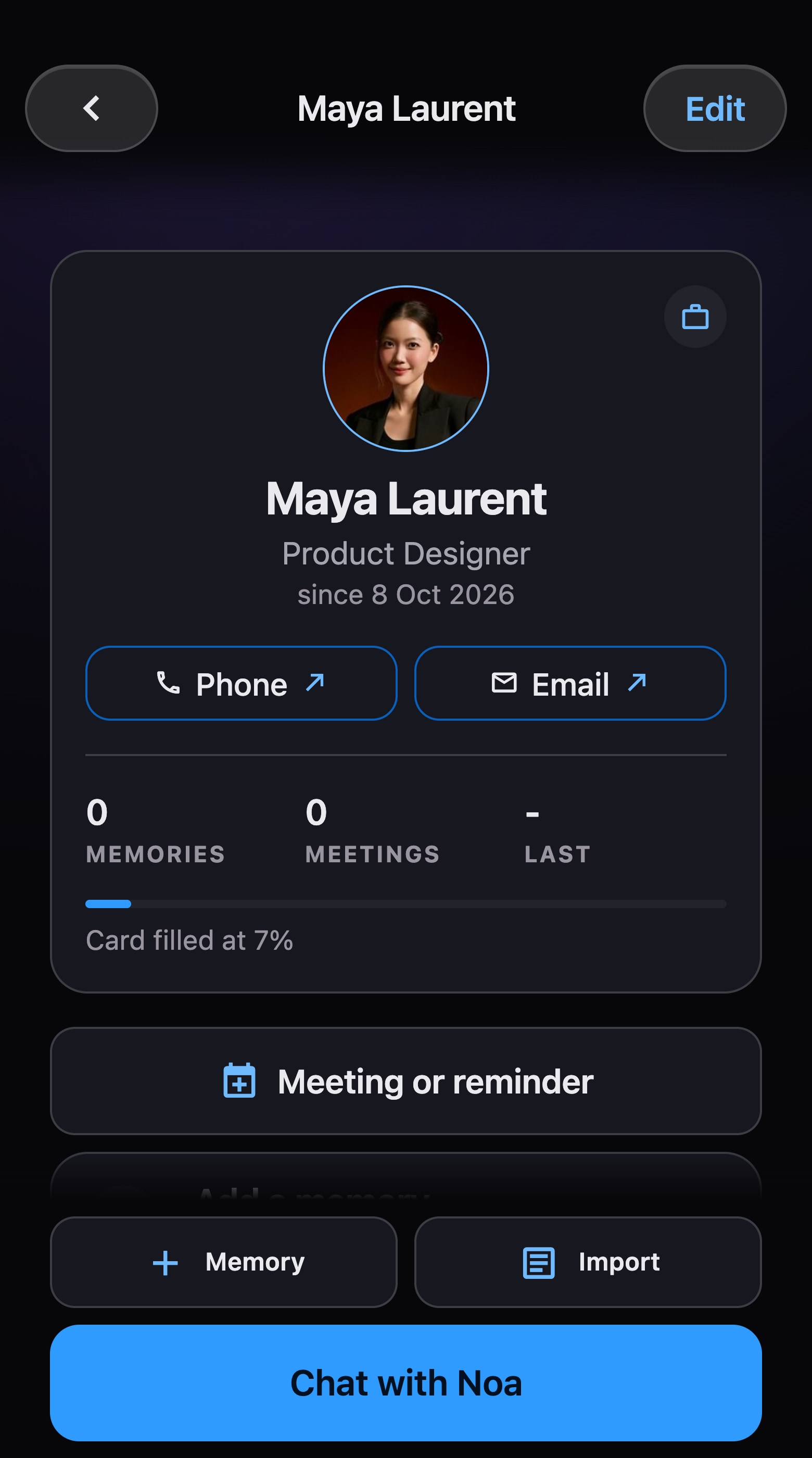 Maya Laurent's card created by the scan: her photo cut out of the business card, her title, phone and email